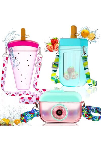 Honeydak 3 Pieces Cute Water Bottles with Straws Creative Kawaii Camera Shape...