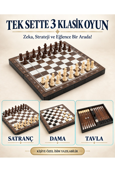 3’ü 1 Arada Ahşap Satranç Dama Tavla Seti Katlanabilir 34 × 34 cm