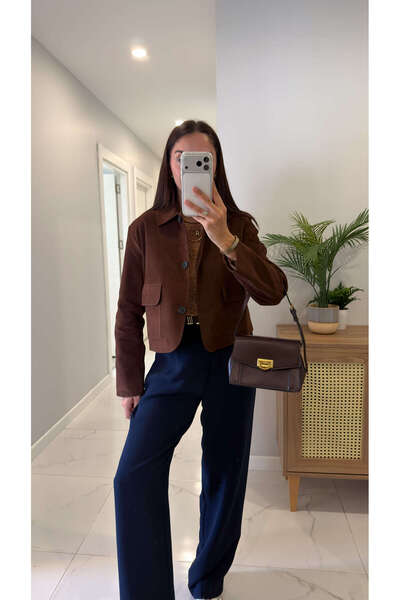 BİRCANÇİL Kesta Brown Suede Jacket with Pocket Detail