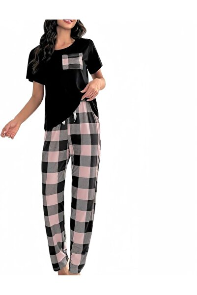 Yelajoy Women's Pyjama Set Round Neck Short Sleeve Tops and Long Pants Soft S...