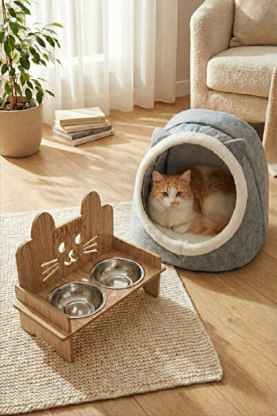GOBYPET İsim Yazılabilir Kulaklı Mama Kabı Ve Keçe Kedi ve Küçük Irk Köpek Ev...