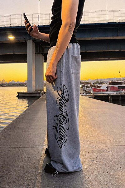Flaw Wear Script Adjustable Gray Melange Baggy Sweatpants