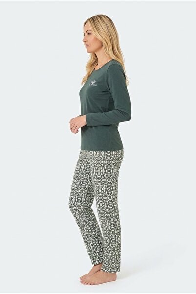 REN Women's petrol green 100% cotton jersey pajama set, crew neck, long sleeve, women's pajama set with pockets