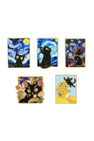 Choice 1 5Pcs Van Gogh Art Black Cat Brooch Cartoon Metal Enamel Pins Set Bad...