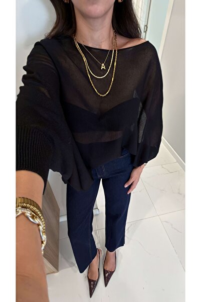 manana fashion Pelerină neagră supradimensionată din tricot cu mâneci elastic...