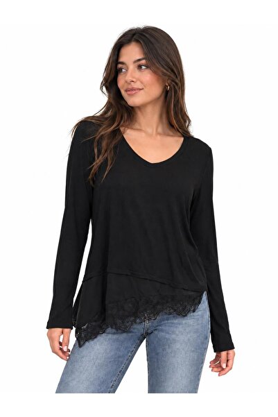 TENA Women's Black V-Neck Long Sleeve Blouse with Lace Detail at Hem