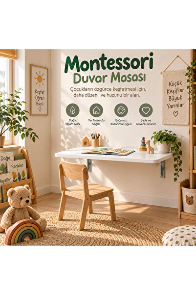Ratemo Mobilya Montessori Masa 90x50 cm Katlanabilir Duvar Masası Çocuk Çalış...