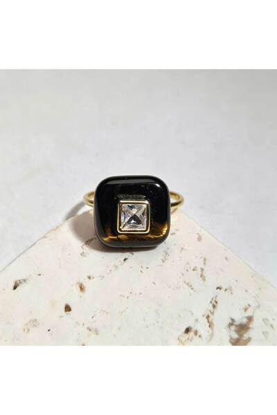Choice Tiger Eye 1pc Natural Square Stone Ring With Zircon Paved Fine Handmad...