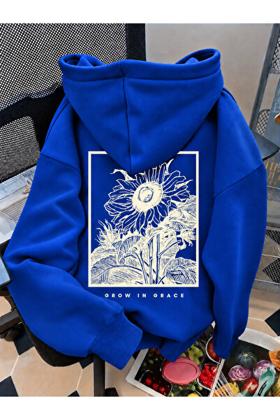 Revasser Unisex Kadın/Erkek GROW Baskılı Özel Tasarım Oversize Pamuklu Kapüşo...