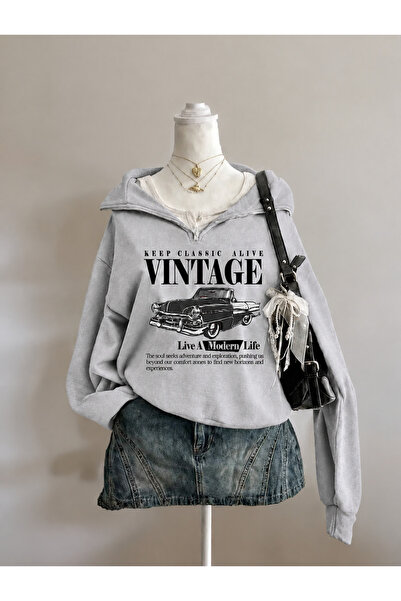 Revasser Unisex Erkek/Kadın VINTAGE DİK Özel Baskılı Renkli Dik Yaka Yarım Fe...