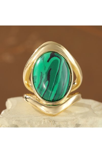Choice resizable green Minimalist Copper Open Ring for Women with Oval Stripe...