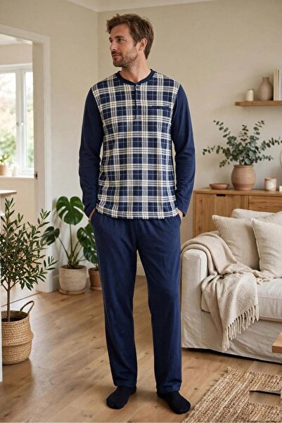 Çift Kaplan Erkek Ekose Arkası Düz Patlı Lacivert Pijama Takımı 8219