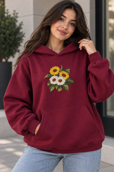 Joetsu Women's Oversize Sunflower and Daisy Printed Hooded Sweatshirt with Ka...