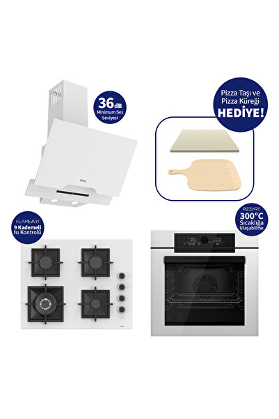 Ferre BEYAZ PIZZART 3'lü Ankastre Set – 65 Cm Woklu Ocak, Pizza Taşı & Küreği...