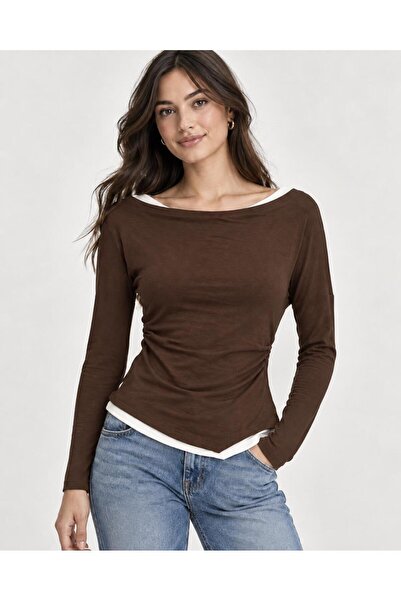TENA Women's Coffee Color Long Sleeve Garnished V-Neck Blouse