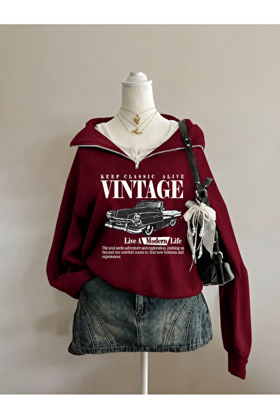 Revasser Unisex Erkek/Kadın VINTAGE DİK Özel Baskılı Renkli Dik Yaka Yarım Fe...