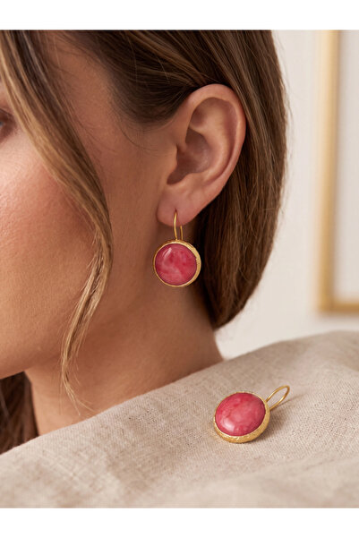 Beatis Pink Natural Stone Detailed Gold Color Women's Earrings
