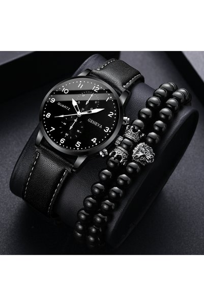 Choice 3PCS Set 3PCS/Set Men's Watch Casual Leather Band Quartz Watches Beads...