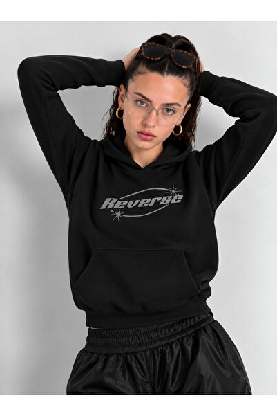 NİCE Kadın Oversize Kapüşonlu Sweatshirt Taş Baskılı Reverse Hoodie Kanguru Cepli