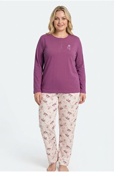 REN Women's plus size pajama set with solid plum top, crew neck button-down, ...