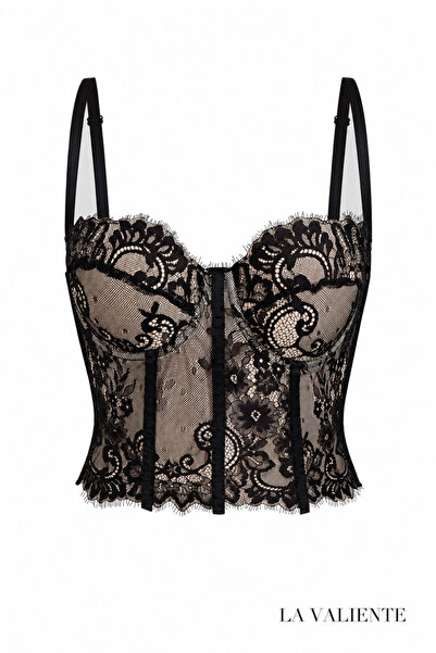 LA VALİENTE Pearl - Crop Siyah Dantelli Korse Büstiyer