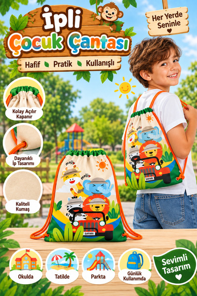 hak-iş oyuncak Cream safari animals patterned children's drawstring waterproo...