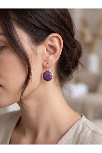 Beatis Purple Natural Stone Detailed Gold Color Women's Earrings