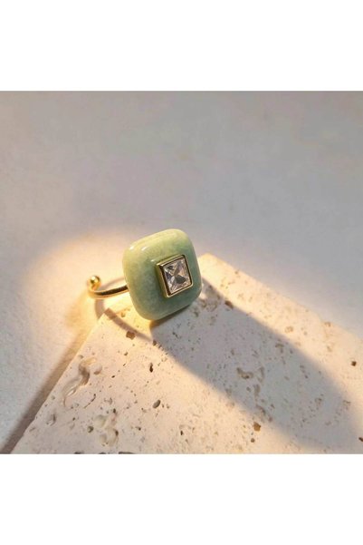Choice Aquamarine 1pc Natural Square Stone Ring With Zircon Paved Fine Handma...