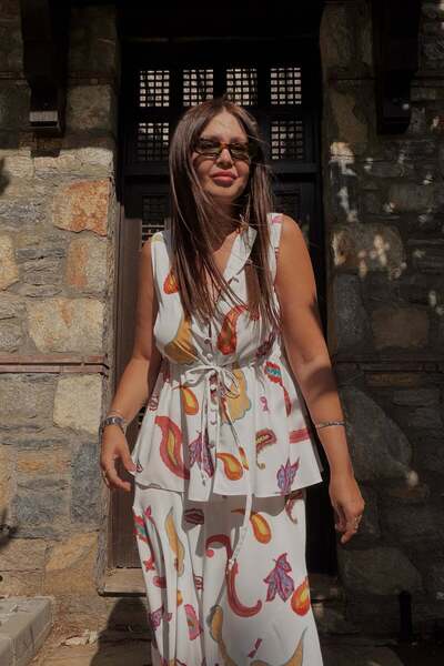 ELVAN TOLON Patterned Shirt Skirt Set White