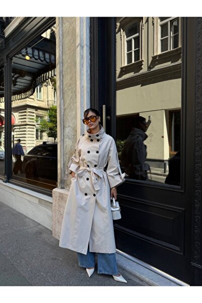 timagna Kadın Dik Yaka Kemerli Boyundan Düğmeli Oversize Uzun Trençkot