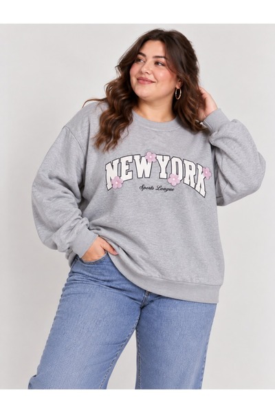 Kadın Büyük Beden New York Çiçek Baskılı 3 İplik Oversize Bisiklet Yaka Sweatshirt