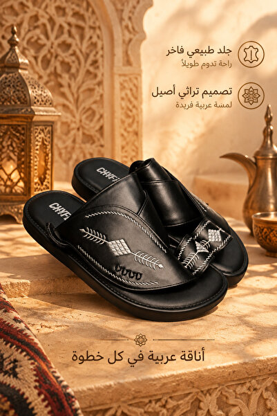 Generic Brand شباشب رجالية مفتوحة الأصابع بتصميم فاخر من الجلد مع خياطة ريشية...