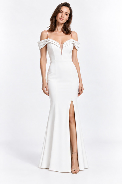 CAN ÇAPAR Women's Thin Straps Off-Shoulder Stone Detailed Slit Fish Model Lon...