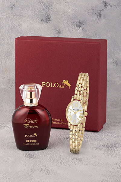 Poloair Romen Rakamlı Kalp Charmlı Kadın Kol Saati Ve 55 ml Parfüm Bordo Kutsunda Set Gold Renk ST-2191S1