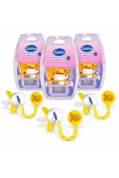 Bubbles Babyliss Silicone Pacifier with Beveled Nipple with Chain and Protect...