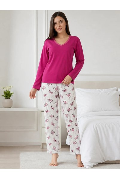 Serena Pijama de Damă cu Bluză și Pantalon Alb cu Imprimeu Floral- Fucsia