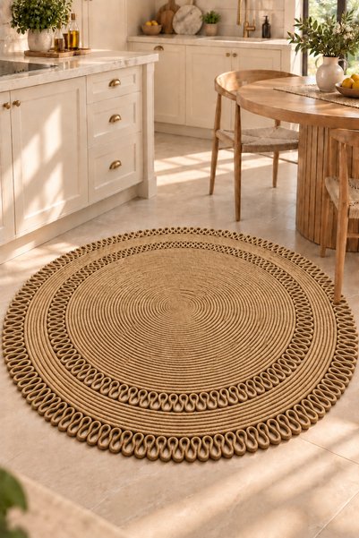 MaVaux Alessa Doğal Yuvarlak Hasır Jüt Kilim Dekoratif Örgü Kilim – Modern Bohem Tasarım, Şık ve Doğal Görünüm, Salon, Mutfak ve Antre Kullanımı Desenli, Dekoratif, Kilim, Salon Çeyizlik, Hediyelik