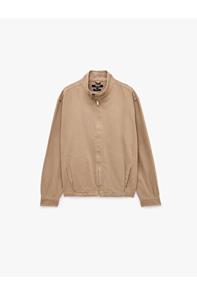 Koton Pocketed Zippered Cotton Button Detailed Stand Collar Gabardine Shirt
