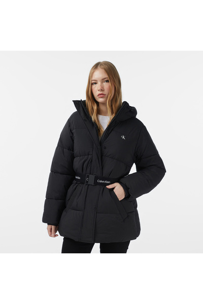 Calvin Klein Belted Midweight Puffer Kadın Siyah Mont