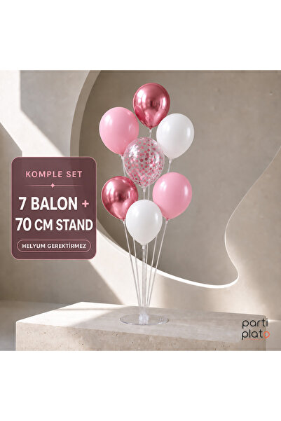 Parti Plato 7’li 70 cm Balon Standı Seti Pastel Pembe Beyaz Krom Pembe Konfetili