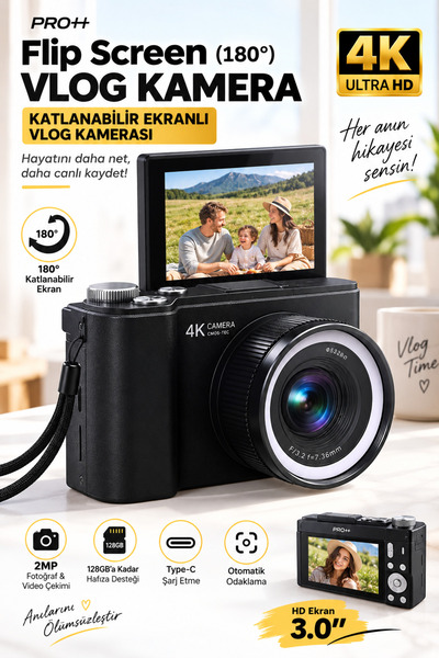 CROW'S TECH 4K Ultra HD Vlog Kamera 180° Katlanabilir 3" Ekran Otomatik Odaklama 2MP Type-C 128GB Destekli