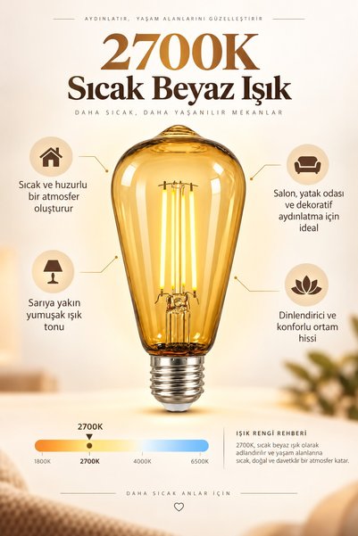 Telvesse ST64 Dimmerli Rustik Gün Işığı 2700K Amber LED Ampul Filament E27 Du...