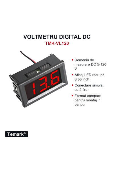 Temark Voltmetru digital DC TMK-VL120, 5-120 V, LED roșu 0,56 inch, montaj în panou, set 2 bucăți