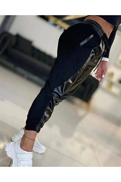 pazarella Women's High Waist Elastic Pocket Leather Detailed Diver Pants