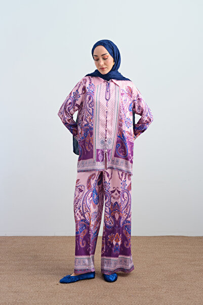 LOCCO Women's Brit Buttoned Ethnic Patterned Shirt Collar Satin Suit Pink