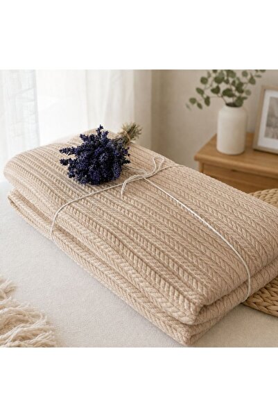 Pucioasa Pled tricotat din bumbac 220x240cm, bej F4, model spic