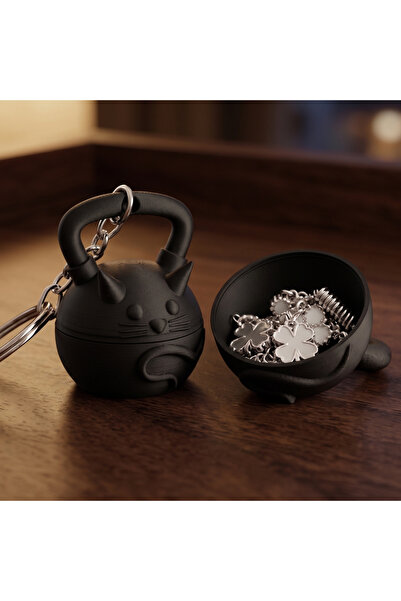 Kettlebell Kedi Figürlü Yüzük ve Takı Saklama Kapsülü, Anahtarlık Karabinalı, 3D Baskı PLA