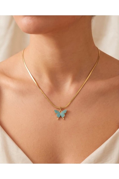 Portakal Esintisi Volaria Turquoise Stone Butterfly Motif Thin Italian Chain ...