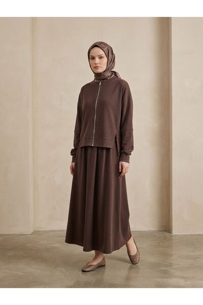 Generic Brand Slit Detail Zippered Fake Cuff Skirt Suit - Brown