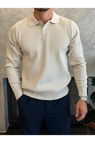 ECARTS Men's Relaxed Fit Button Closure Polo Sweater Beige Eca090
